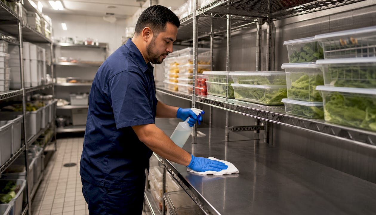 Technician deep cleaning walk-in cooler coils