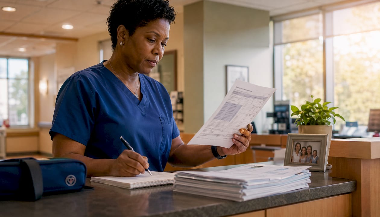 Nurse reviewing self-scheduling policies and tablet