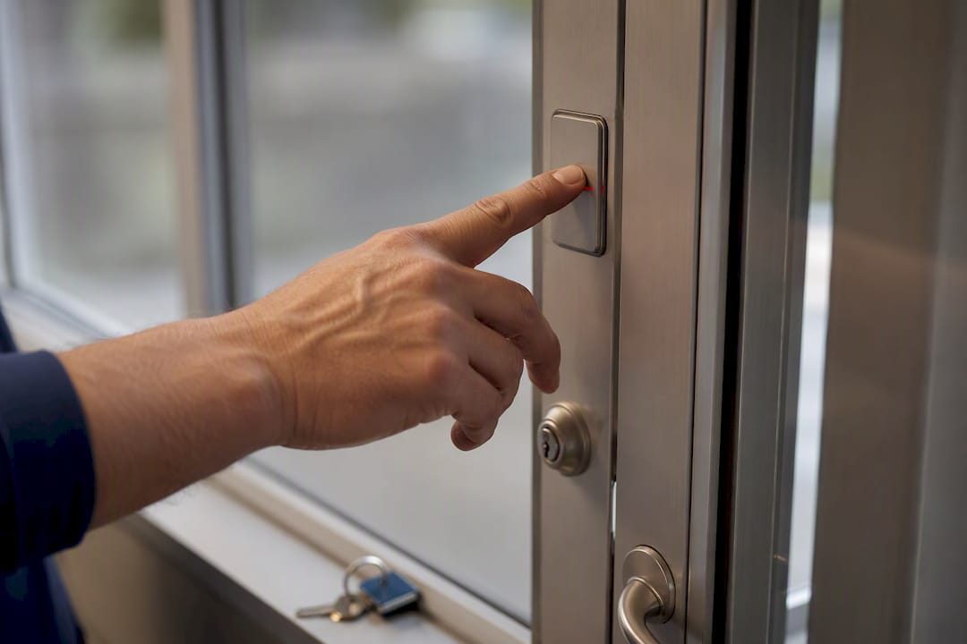 Staff member testing secure exit alarm sensor
