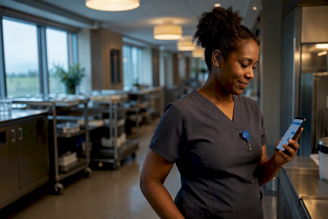 Caregiver verifying mobile checklist in dining area