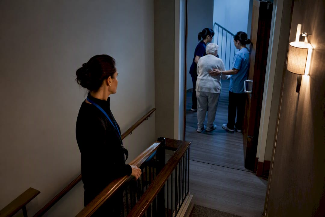 Night staff conducting a care facility fire drill