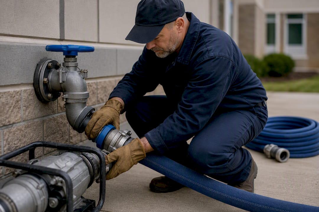 Technician testing emergency water hose fitting