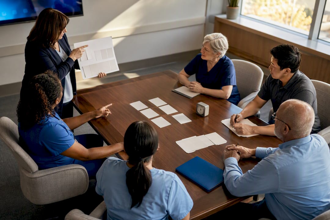 Long-term care staff conducting tabletop exercise