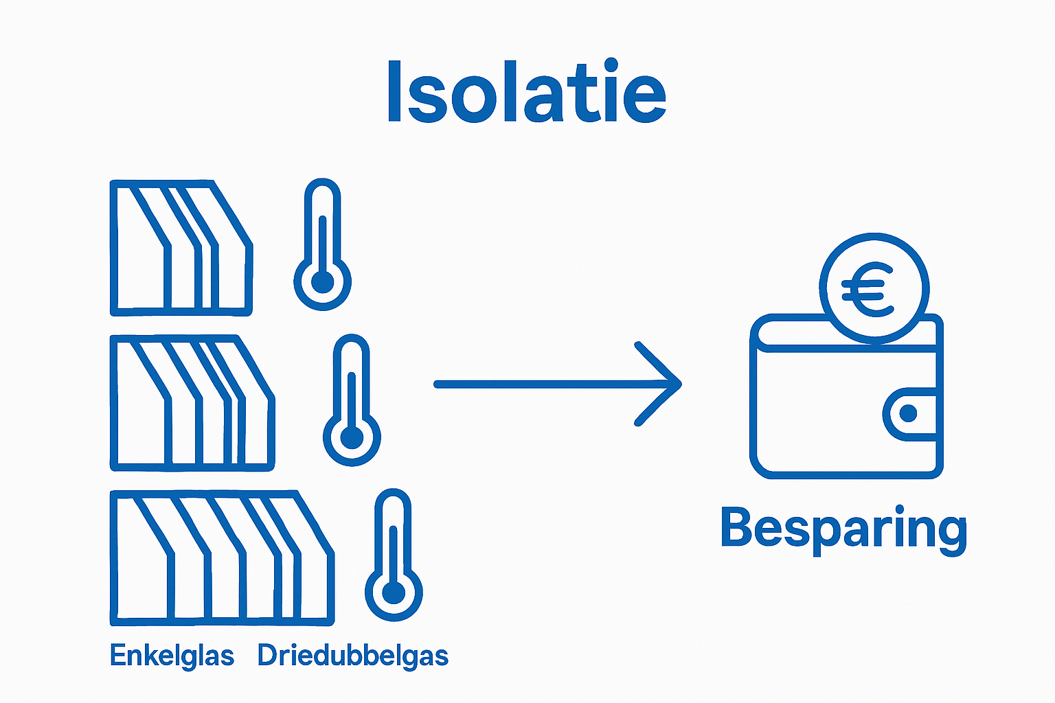 Vergelijking isolatiewaarden en kostenbesparing voor enkel, dubbel en driedubbel glas