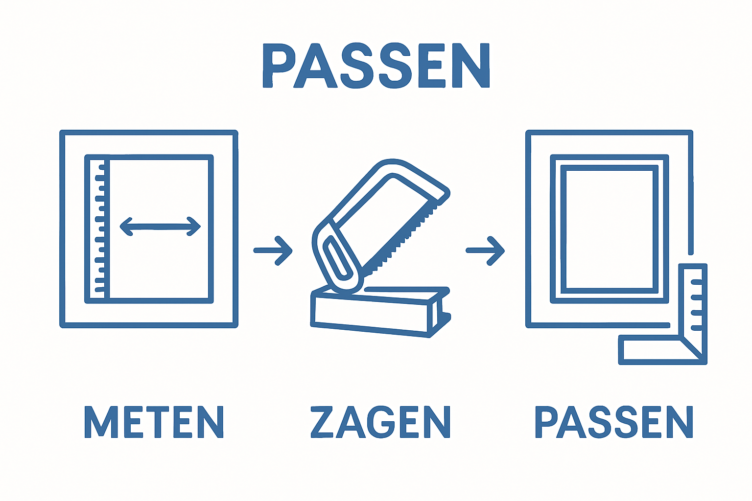 Eenvoudige infographic met meten, zagen en plaatsen aluminium raam