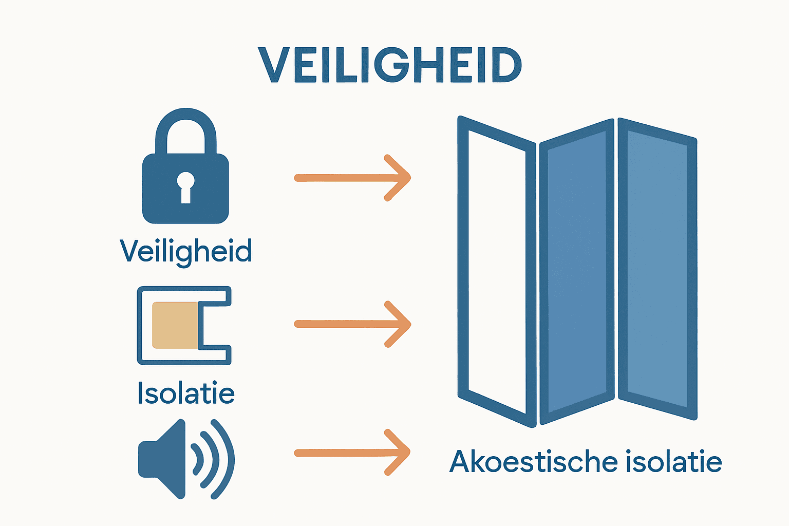 Infographic met pictogrammen van veiligheid, thermische en geluidsisolatie bij vouwwand.