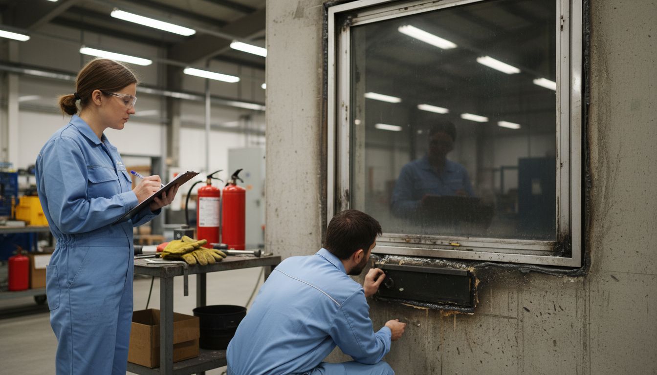 Inspectors conducting window fire safety test
