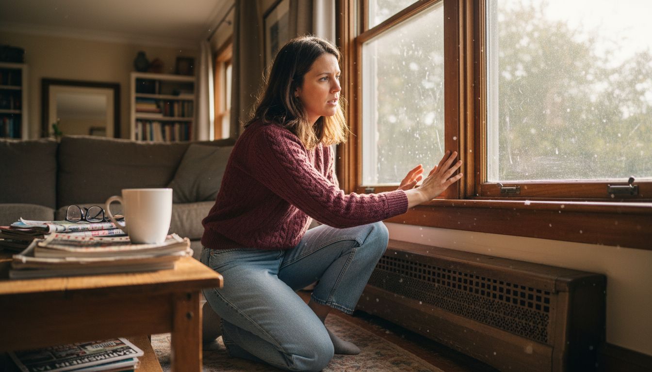 Woman checks inner window frame for drafts