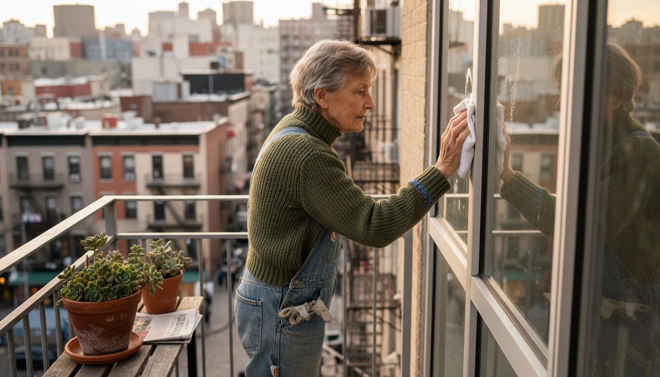 Woman cleaning aluminium window frame