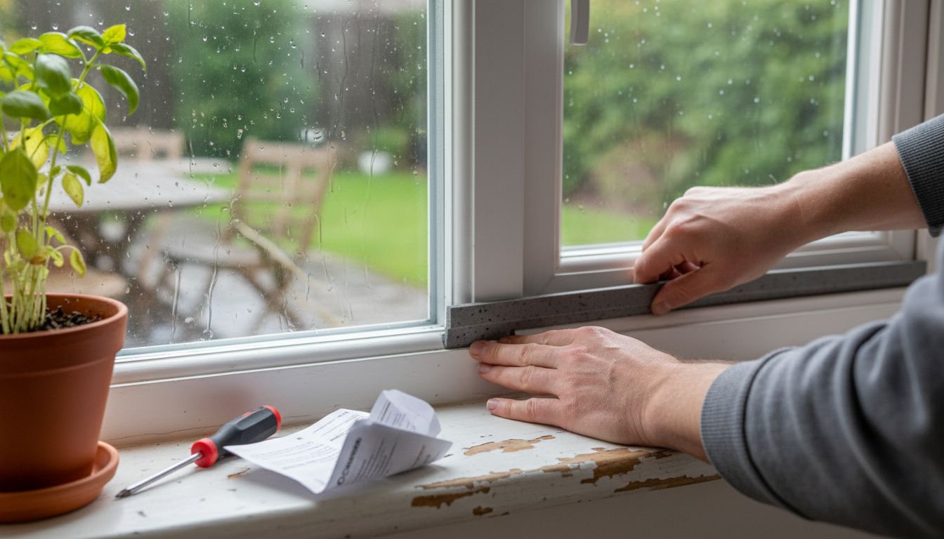 Hands installing foam insulation in window
