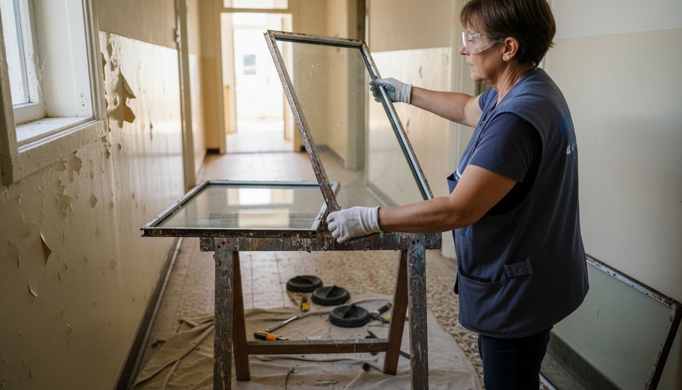 Person removing glass from aluminium frame