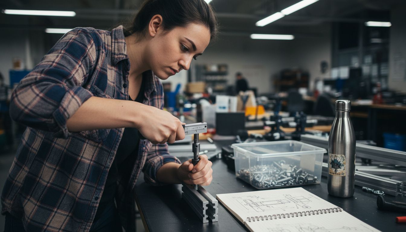 Woman assembling aluminium profile connectors