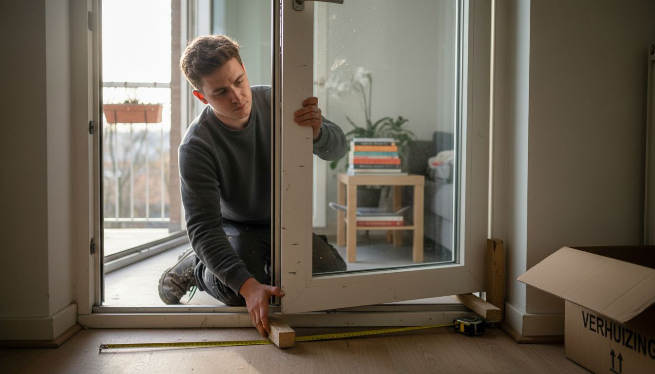Een vakman stelt de aluminium deur zorgvuldig op zijn plek.