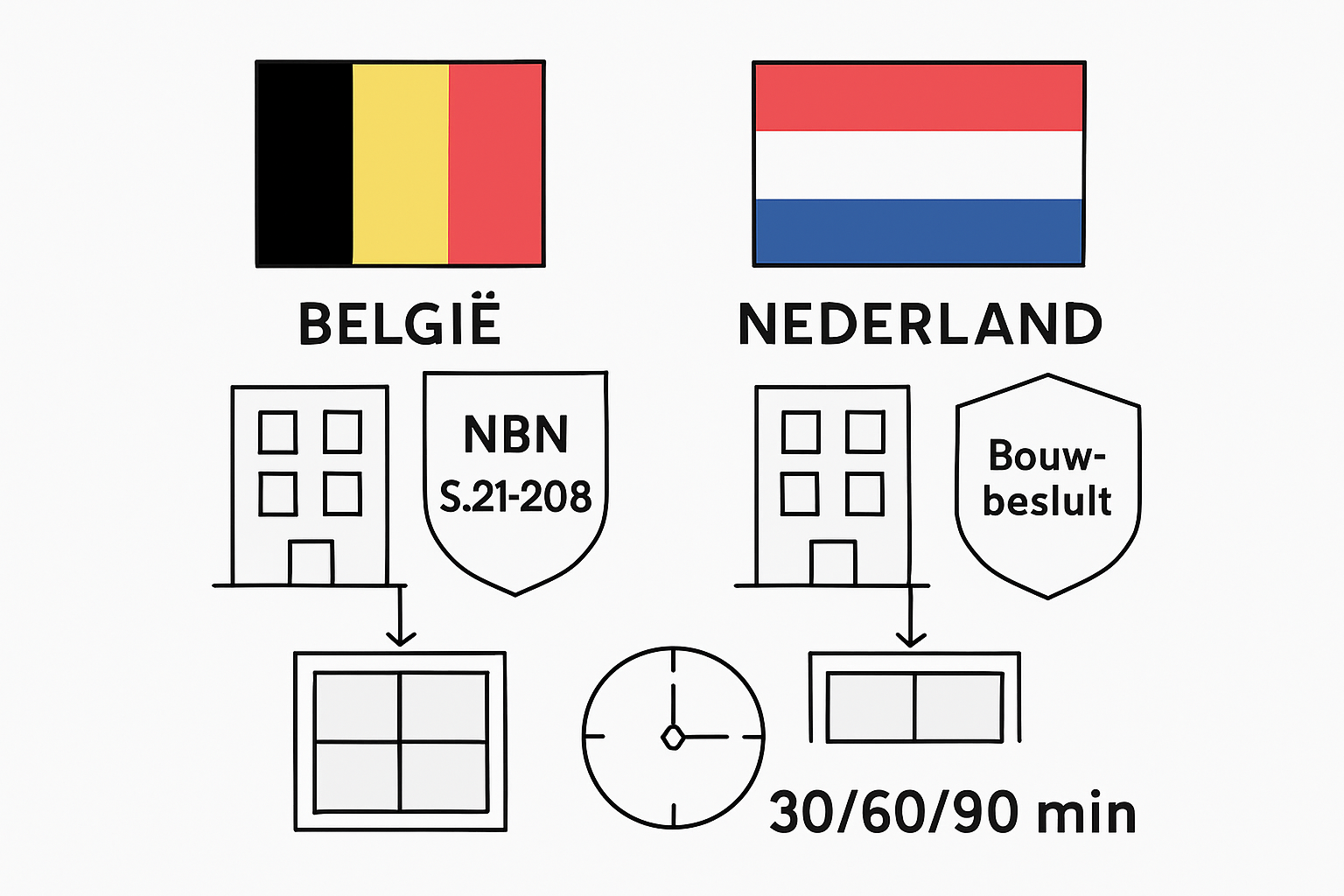 Infographic: de verschillen en overeenkomsten tussen Belgische en Nederlandse eisen voor brandwerende ramen