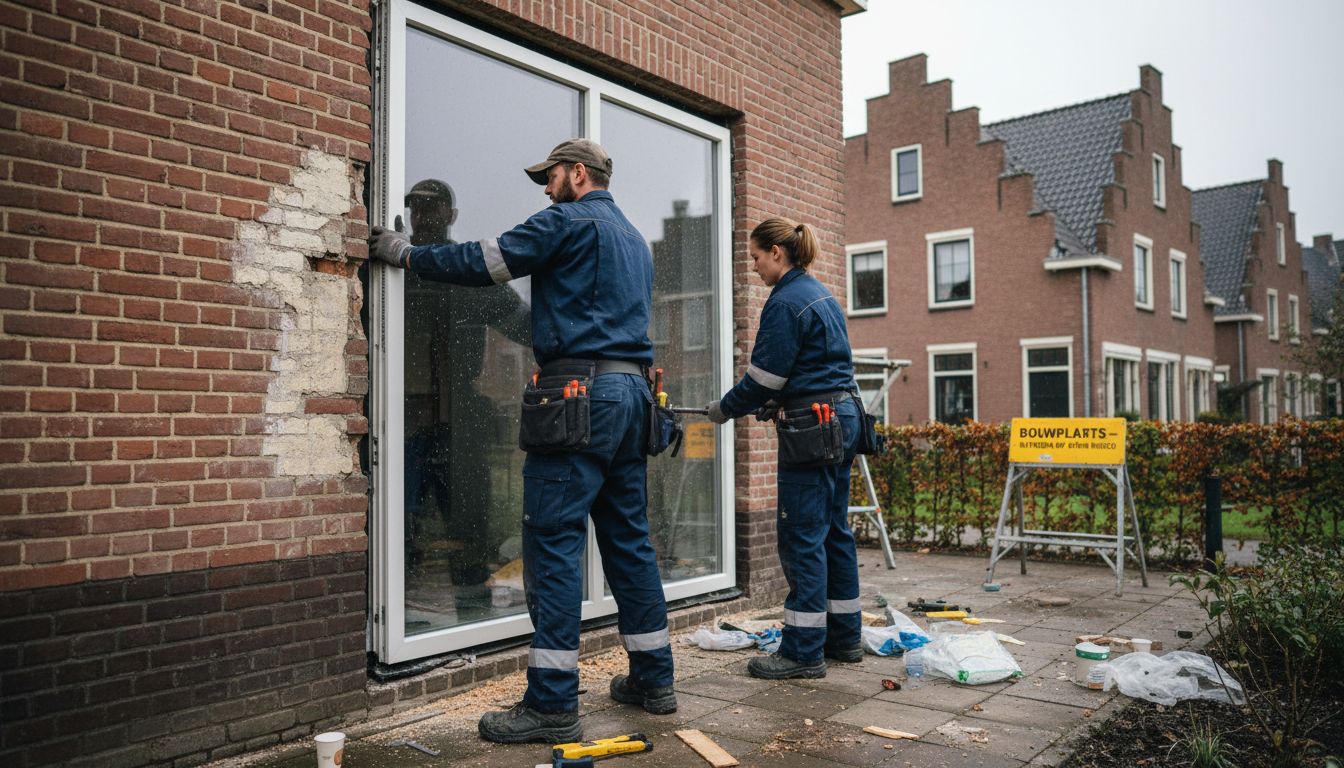 Monteurs plaatsen een nieuw, goed geïsoleerd kozijn.