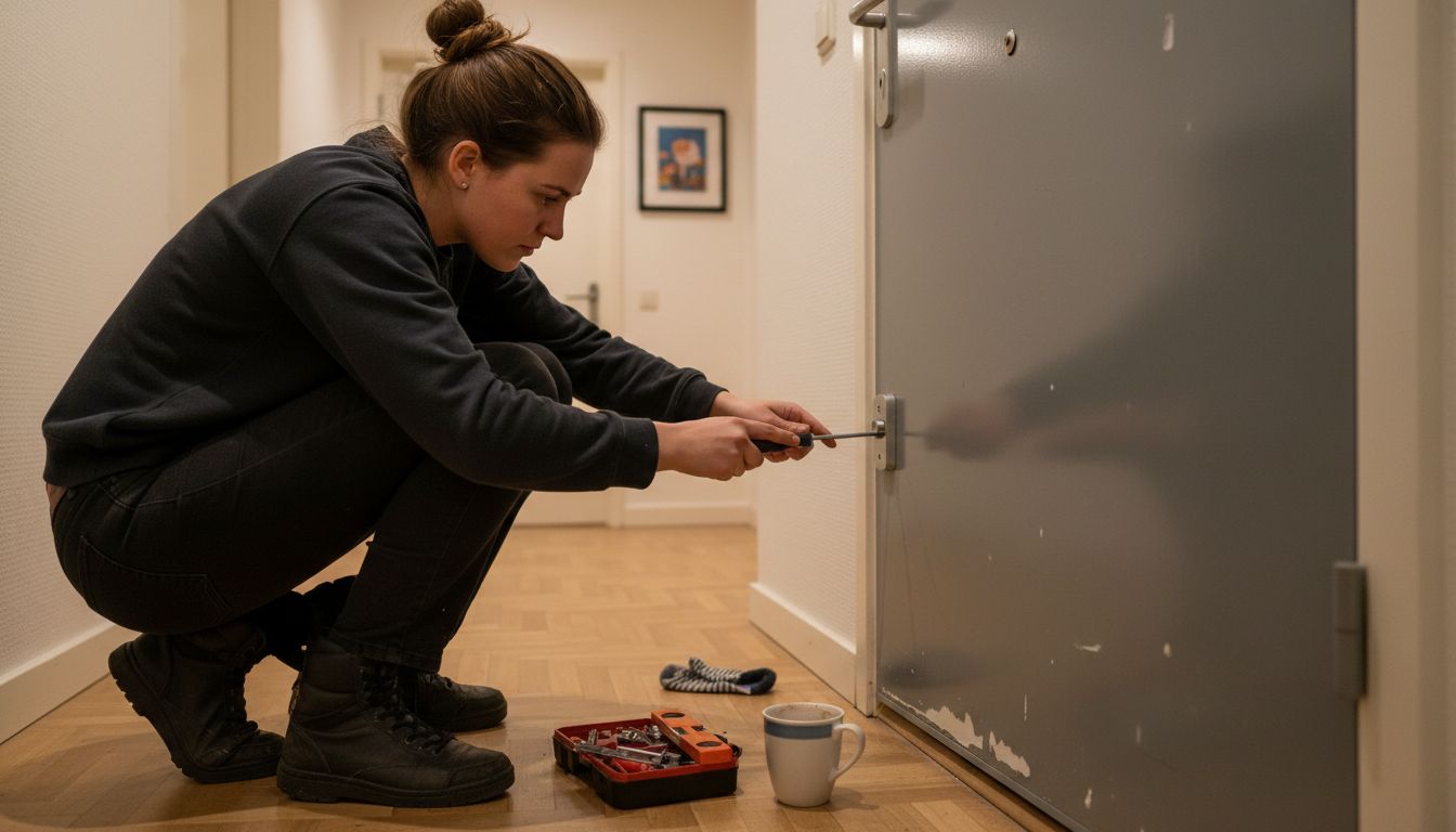 Een vrouw plaatst een extra slot op haar aluminium deur.