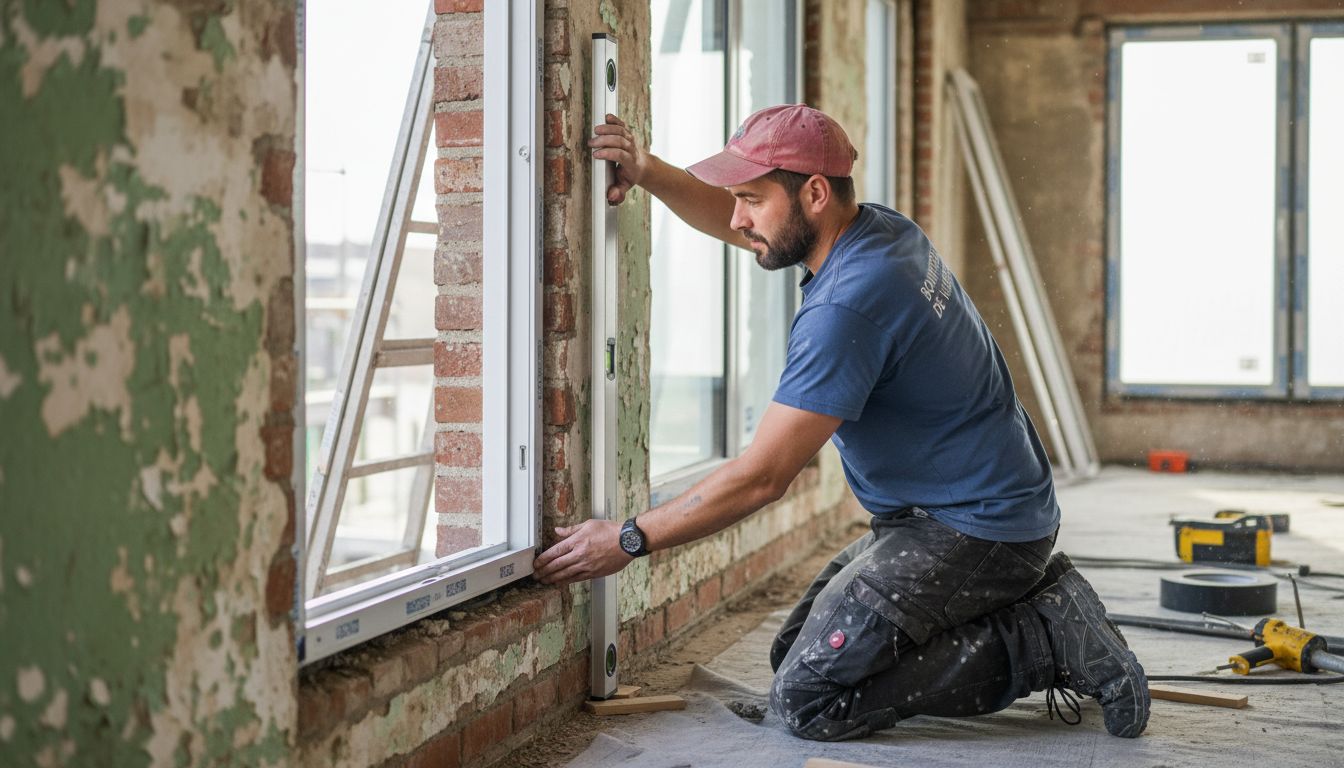 Monteurs zorgen ervoor dat het aluminium kozijn perfect waterpas wordt geplaatst.