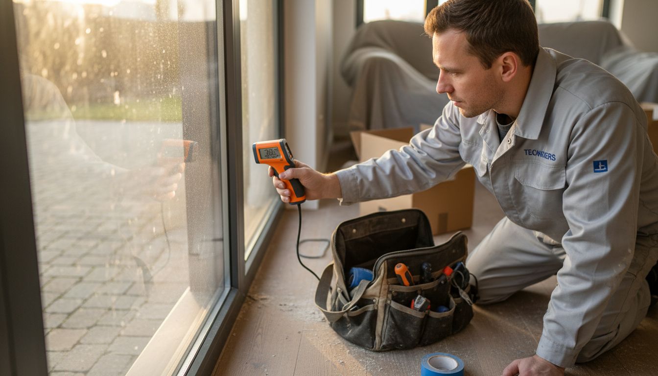 Een monteur controleert de isolatie van een aluminium raamkozijn.