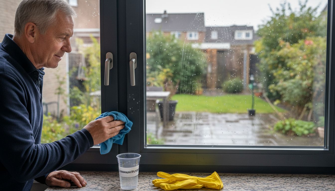Een man is bezig het aluminium kozijn in de keuken schoon te maken.