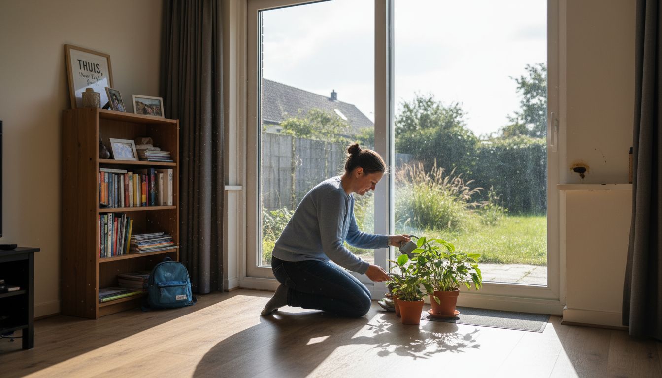 Een ouder giet de planten water bij het schuifdeur naar de tuin.