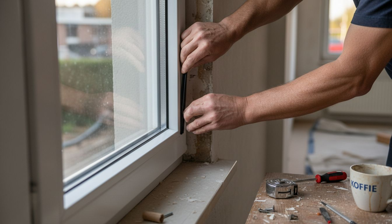 Een vakman plaatst een nieuw kozijn en brengt direct de tochtstrips aan.