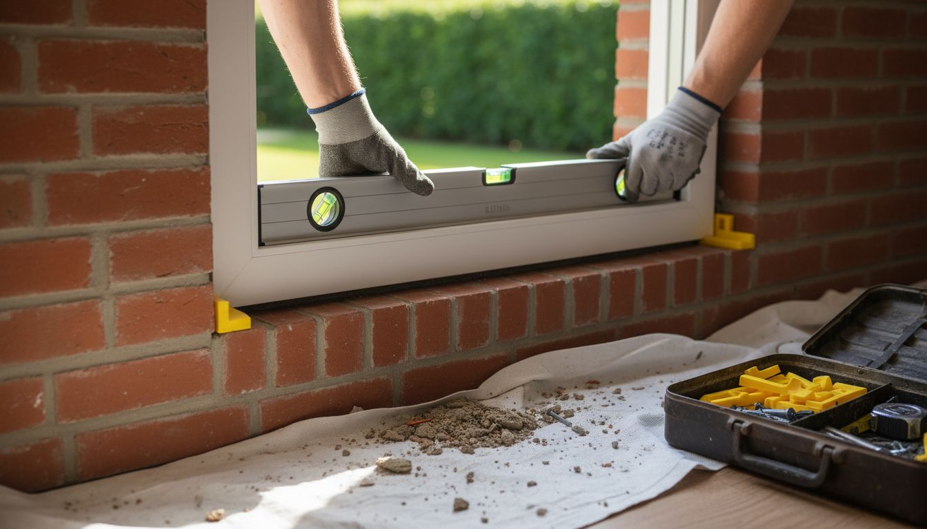 Het kozijn is netjes waterpas gezet met behulp van stelblokjes en een waterpas.