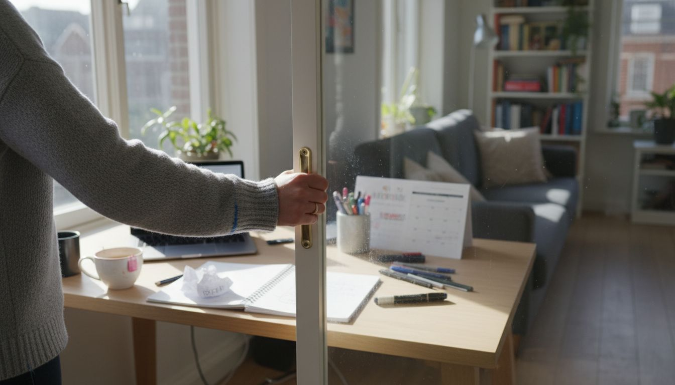 Een vrouw schuift de glazen scheidingswand dicht in haar thuiskantoor.