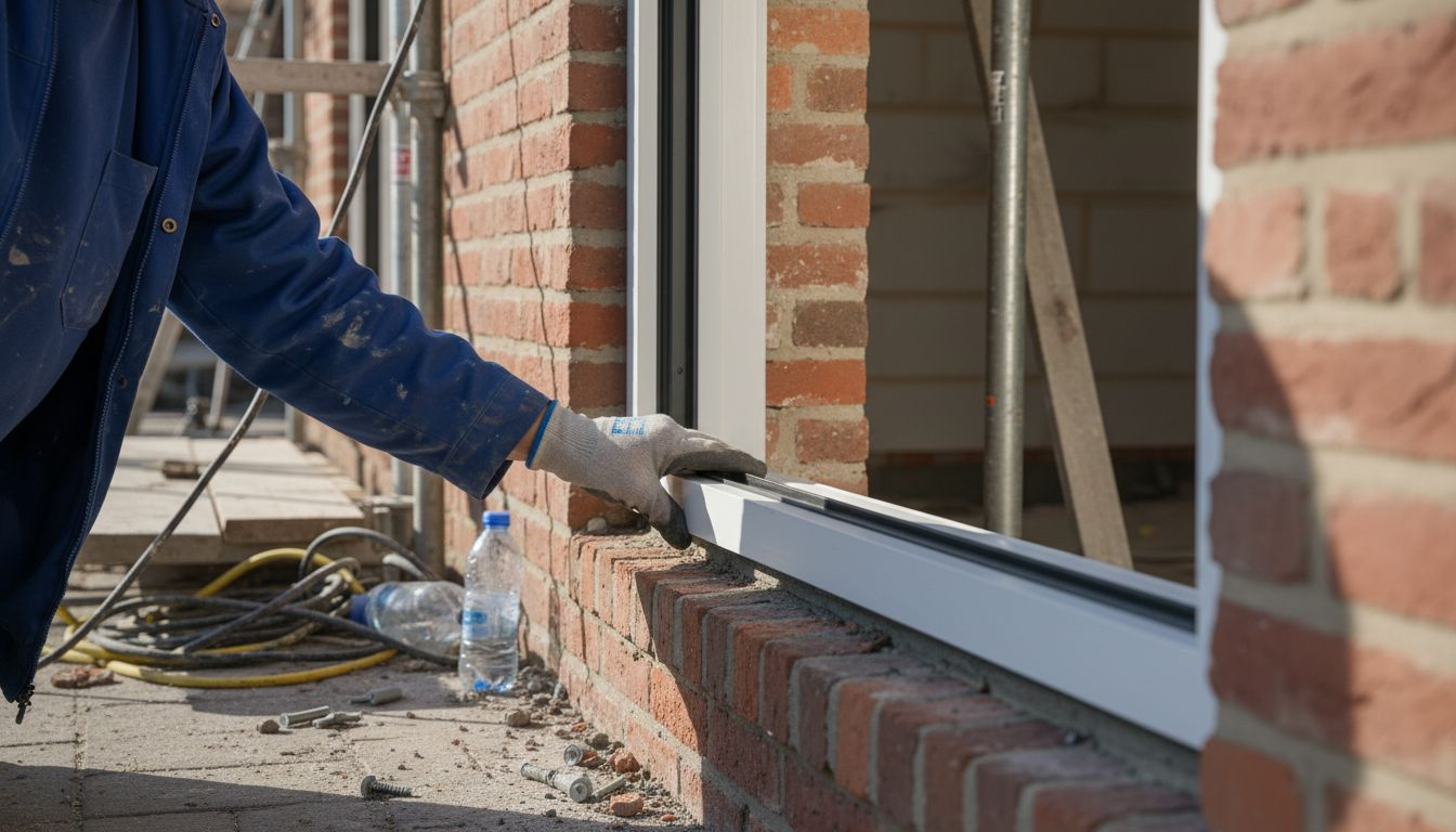 Met handschoenen aan plaatst iemand een aluminium frame in een gemetselde muur.