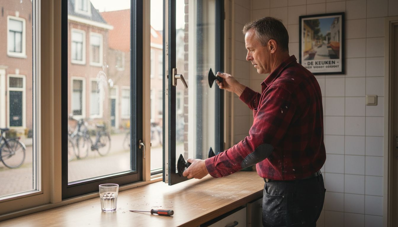 Een vakman plaatst driedubbel glas in de keuken.