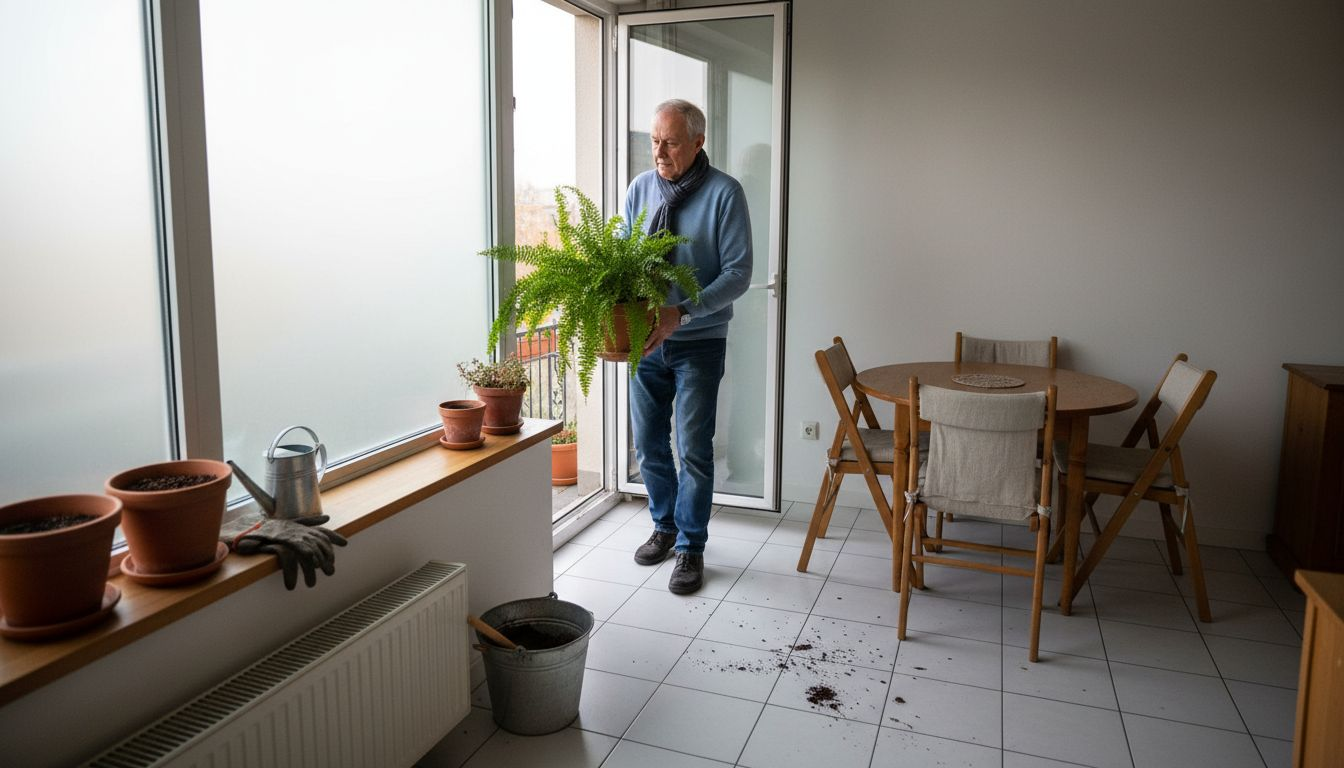 Een oudere heer staat met een kamerplant naast een vouwwand.