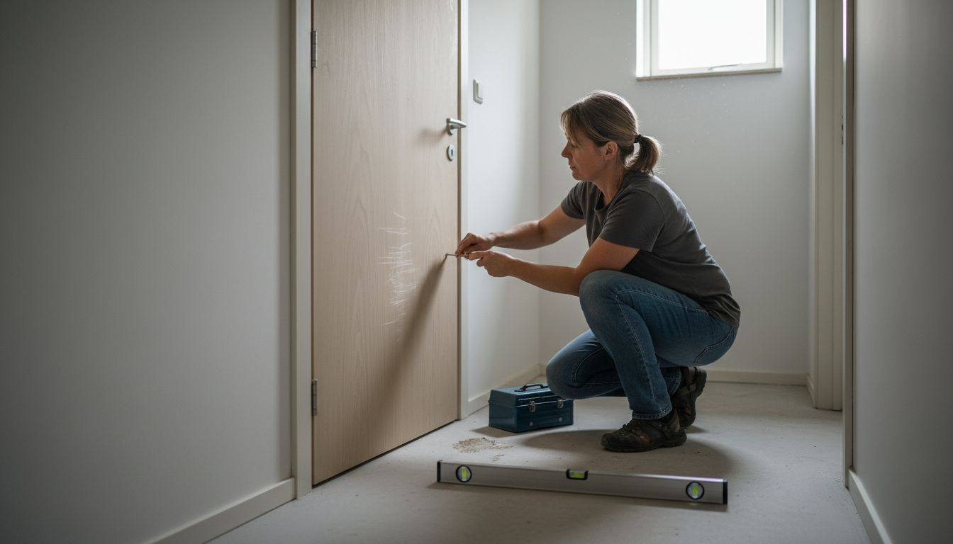 Een vrouw is bezig om de nieuwe deur in de gang netjes af te stellen.