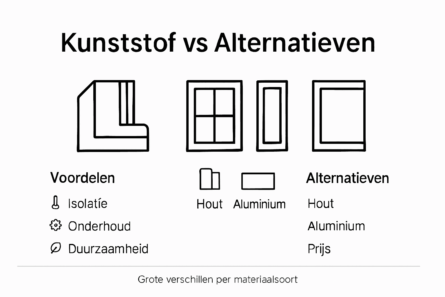 Infographic: de verschillen tussen kunststof, houten en aluminium kozijnen op een rij