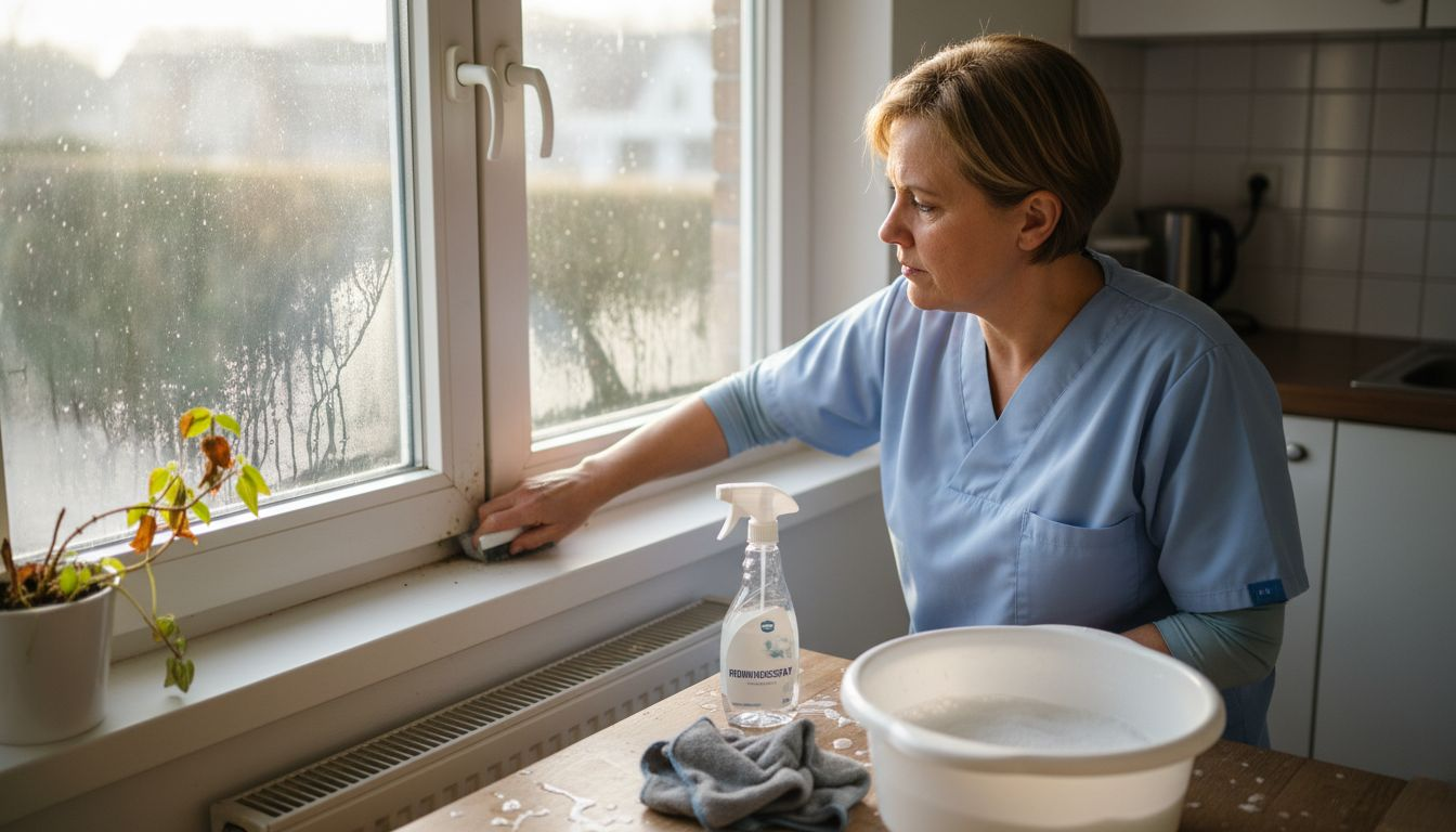 Een vrouw maakt het kozijn grondig schoon.
