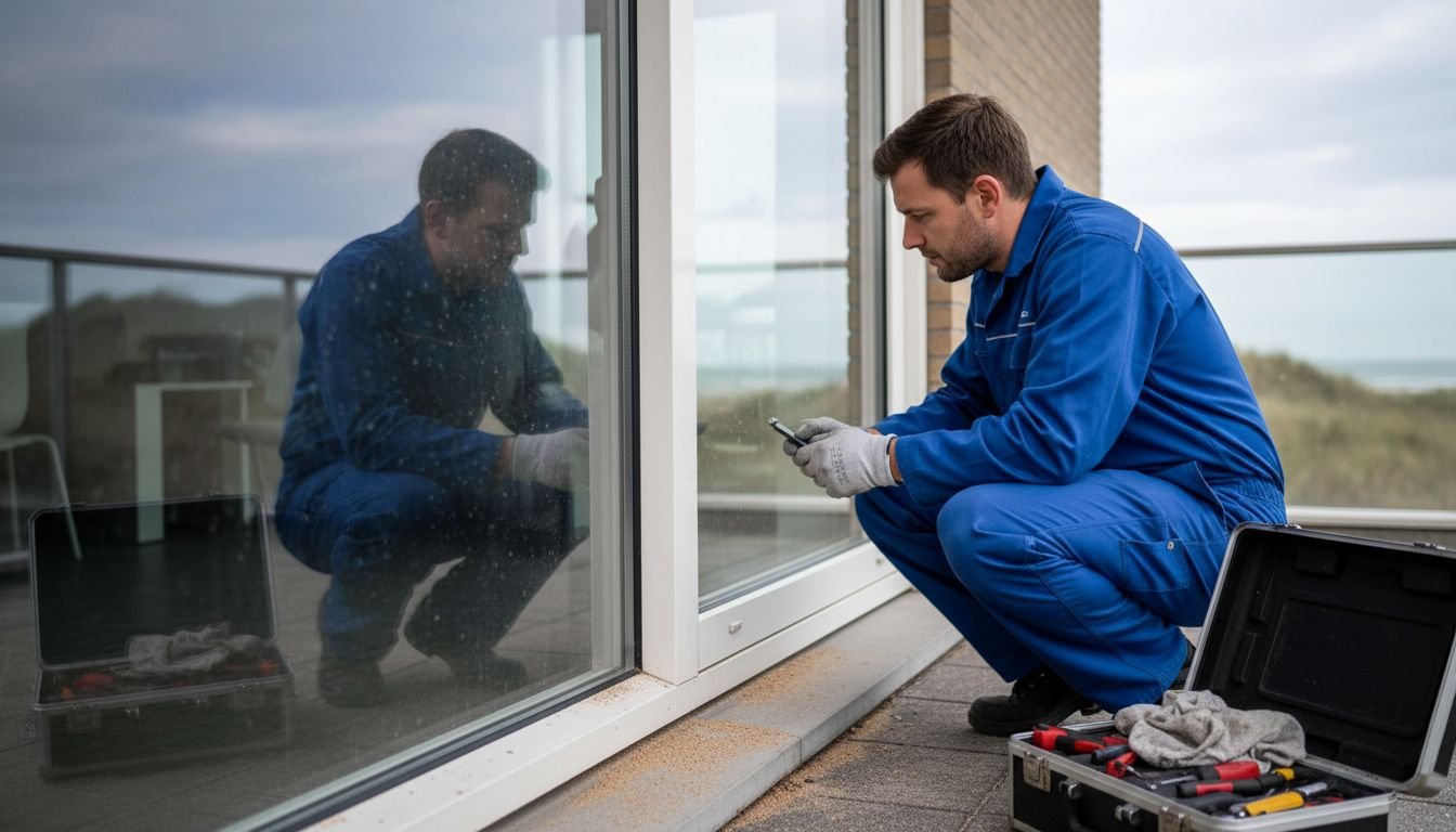 Een monteur voert onderhoud uit aan de aluminium schuifpui bij een woning.