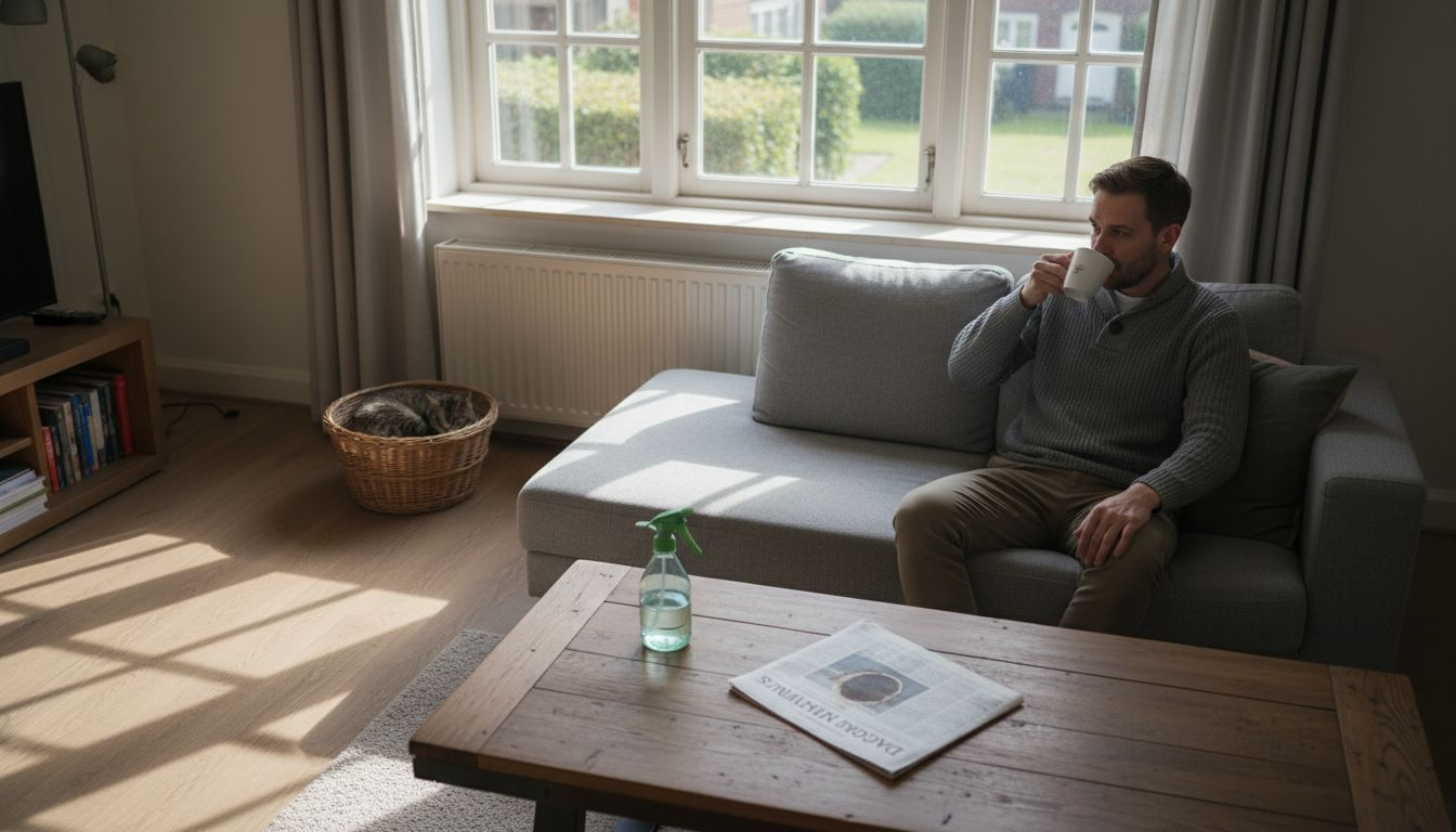 Man zit ontspannen te genieten in zijn gezellige, warme huiskamer.