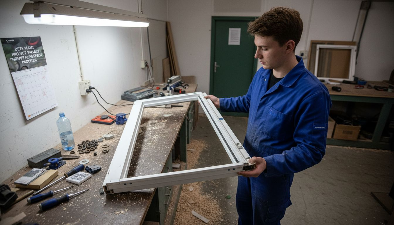 Een monteur is bezig met het bewerken van een kozijnprofiel van composiet.