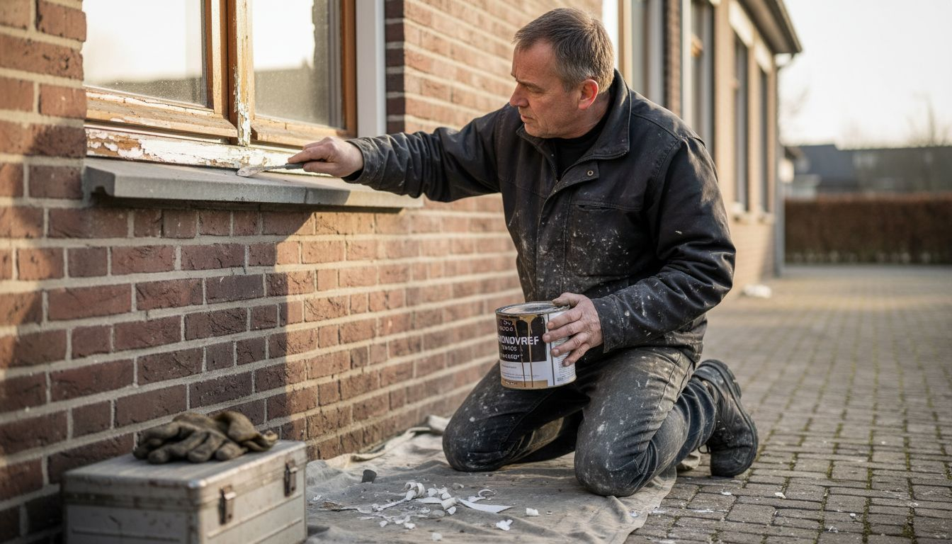 Een vakman knapt een verouderd houten kozijn op.