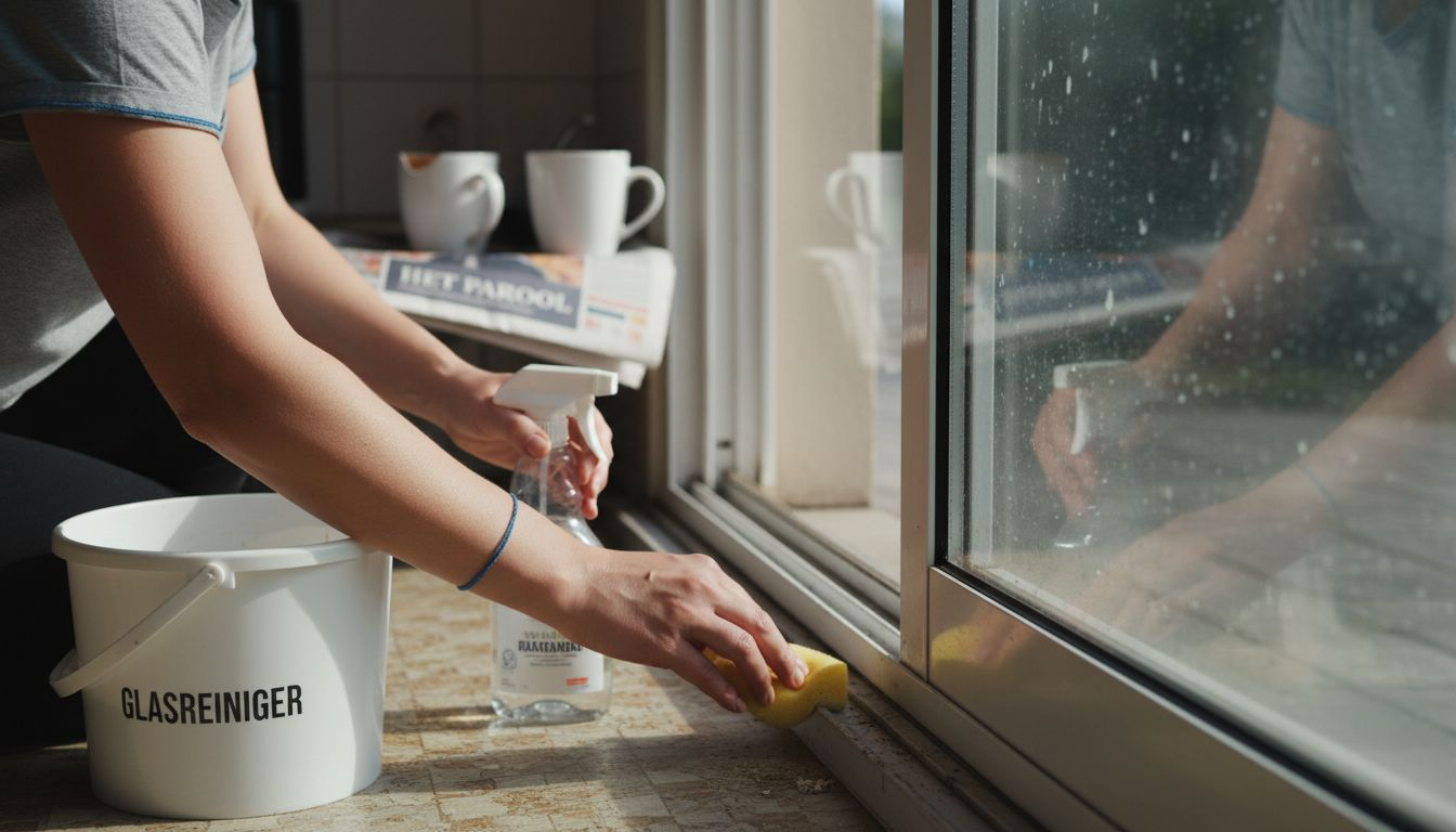 Een vrouw maakt het aluminium deurprofiel grondig schoon.
