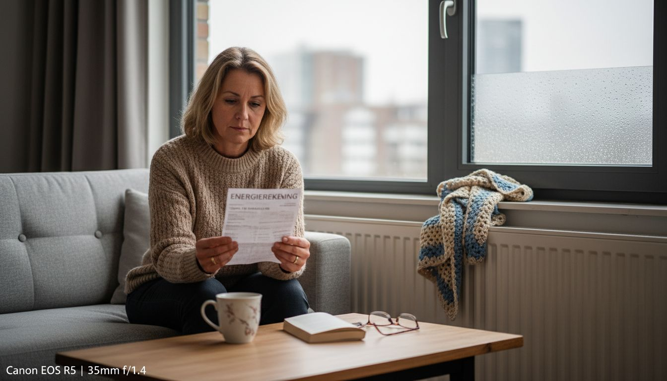 Vrouw bekijkt energierekening terwijl ze geniet van haar nieuwe isolatieglas