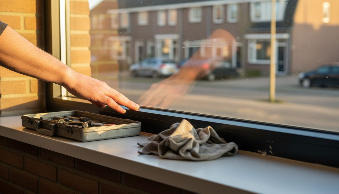 Een vakman controleert zorgvuldig het montage detail van het aluminium kozijn.