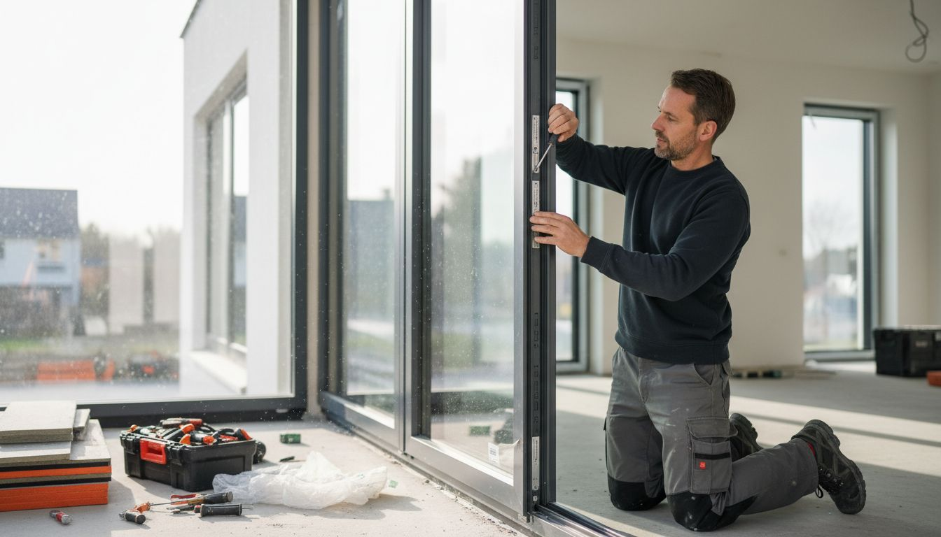 Een monteur controleert of het aluminium kozijn goed isoleert.