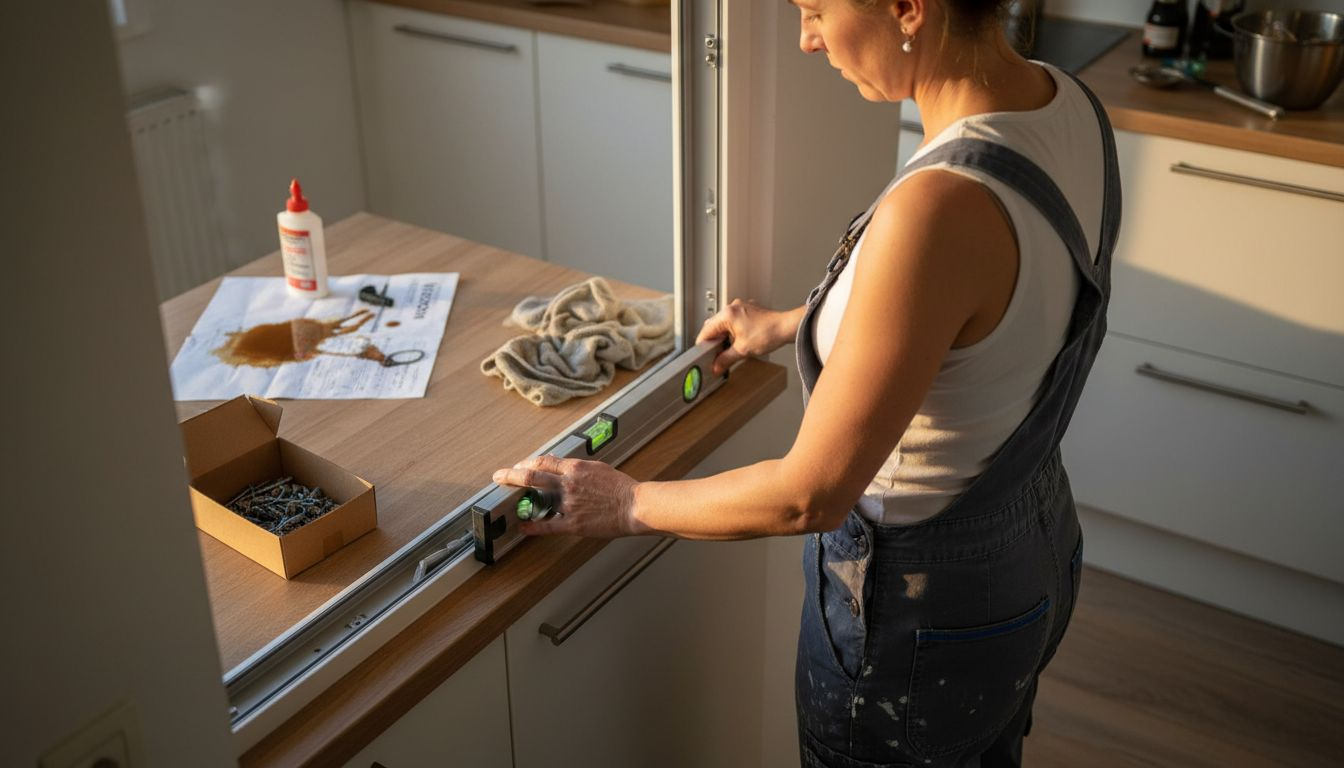 De monteur zorgt ervoor dat het aluminium kozijn in de keuken perfect afgesteld wordt.