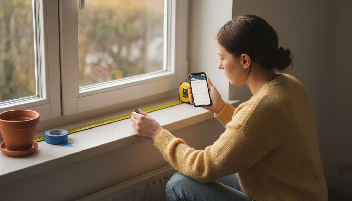 Een vrouw controleert de breedte van het kozijn op drie verschillende plekken.