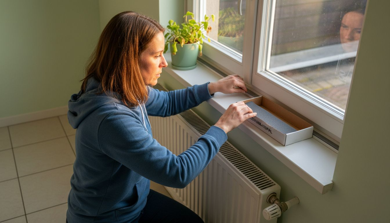 Een vrouw inspecteert de isolatie rondom haar kunststof kozijn.