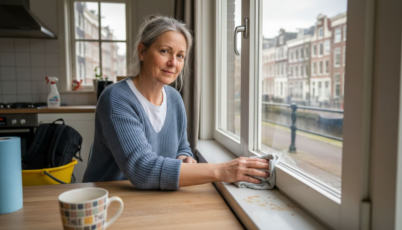 Een vrouw maakt het onderhoudsvrije kozijn schoon.