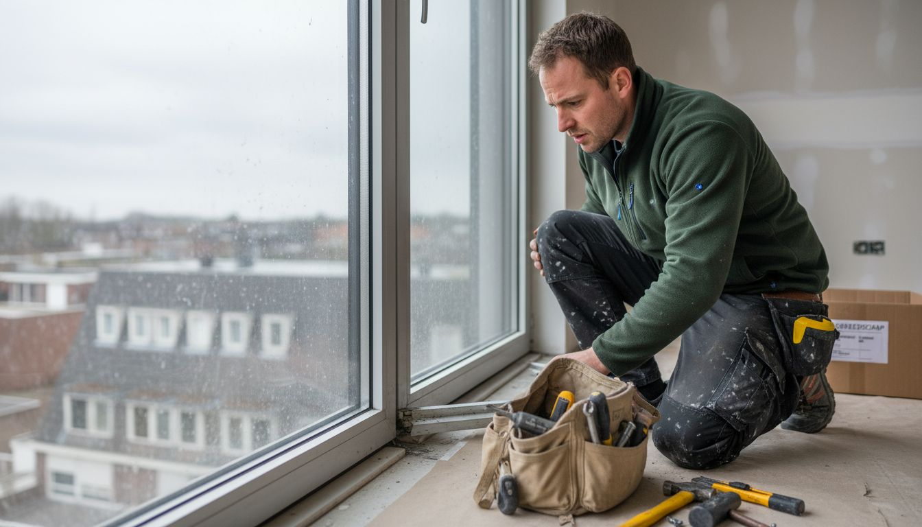 Een vakman bekijkt het beschadigde aluminium kozijn om te beoordelen wat eraan moet gebeuren.
