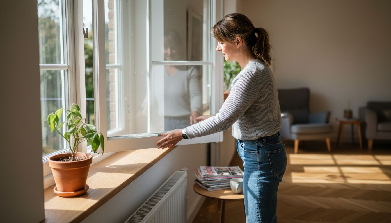 Vrouw controleert het vernieuwde kozijn in de woonkamer