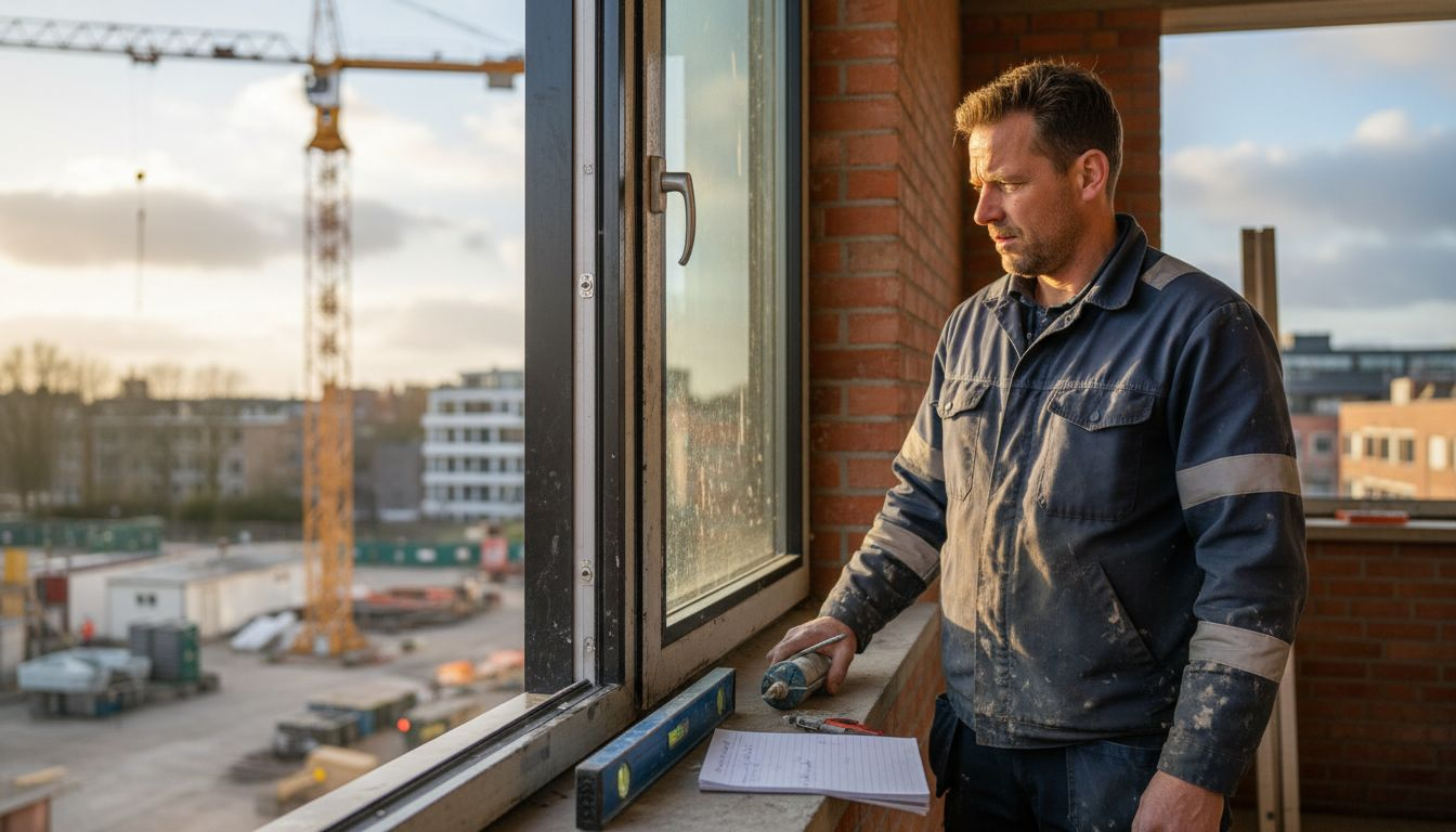 De voorman controleert het kopdetail van het aluminium raam.