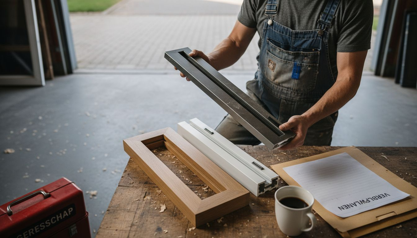 Een kozijnenmonteur vergelijkt de voor- en nadelen van aluminium, hout en kunststof raamkozijnen.