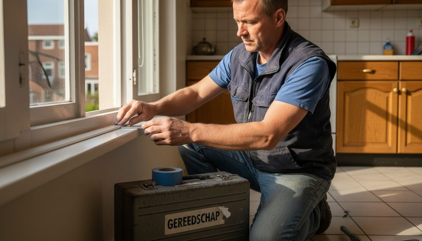 Een monteur werkt aan de afwerking van een aluminium raam.